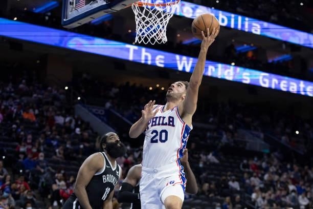 Georges Niang of the Philadelphia 76ers shoots the ball against the Brooklyn Nets at the Wells Fargo Center on October 11, 2021 in Philadelphia,...
