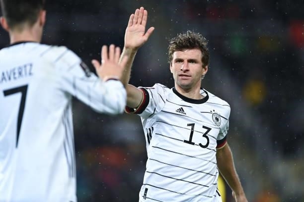 Thomas Mueller of Germany celebrates during the 2022 FIFA World Cup Qualifier match between North Macedonia and Germany at National Arena Todor...