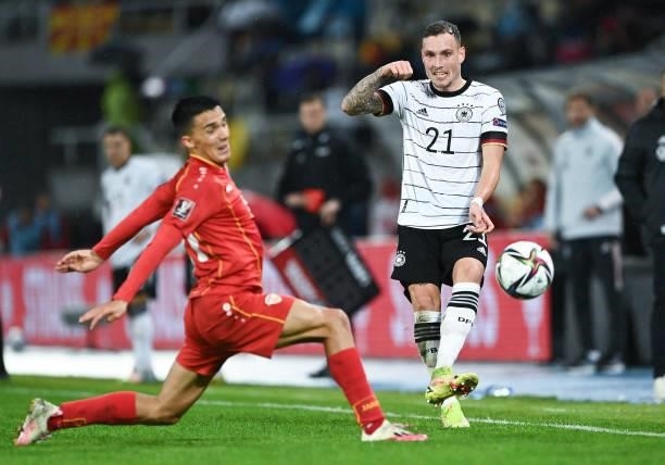 David Raum of Germany kicks the ball during the 2022 FIFA World Cup Qualifier match between North Macedonia and Germany at National Arena Todor...