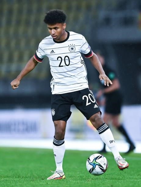 Karim Adeyemi of Germany runs with the ball during the 2022 FIFA World Cup Qualifier match between North Macedonia and Germany at National Arena...