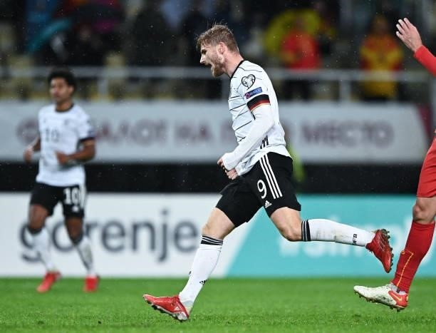 Timo Werner of Germany celebrates during the 2022 FIFA World Cup Qualifier match between North Macedonia and Germany at National Arena Todor Proeski...