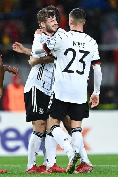 Timo Werner of Germany celebrates with Florian Wirtz of Germany during the 2022 FIFA World Cup Qualifier match between North Macedonia and Germany at...