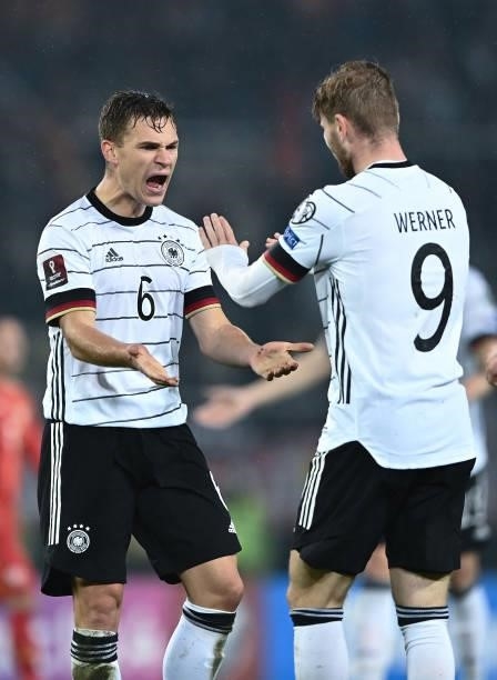 Joshua Kimmich of Germany celebrates with Timo Werner of Germany during the 2022 FIFA World Cup Qualifier match between North Macedonia and Germany...