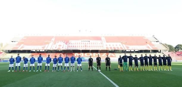 Italy and Sweden line up for the anthems during the 2022 UEFA European Under-21 Championship Qualifier match between Italy and Sweden at Stadio...