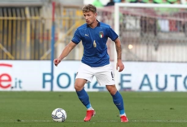 Matteo Lovato of Italy in action during the 2022 UEFA European Under-21 Championship Qualifier match between Italy and Sweden at Stadio Brianteo on...