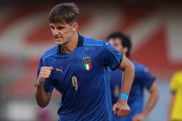 Lorenzo Lucca of Italy celebrates after scoring to give the side a 1-0 lead during the 2022 UEFA European Under-21 Championship Qualifier match...