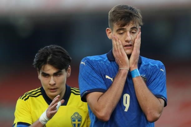 Lorenzo Lucca of Italy reacts after missing a chance to score during the 2022 UEFA European Under-21 Championship Qualifier match between Italy and...