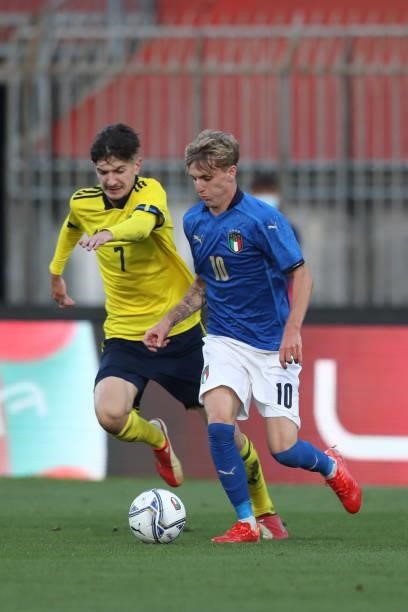 Nicolo Rovella of Italy takes on Armin Gigovic of Sweden during the 2022 UEFA European Under-21 Championship Qualifier match between Italy and Sweden...
