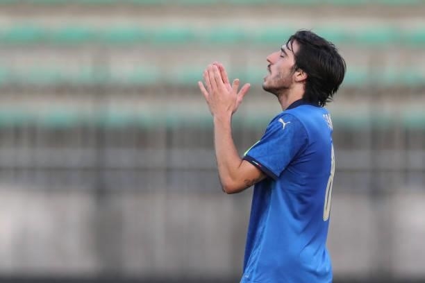 Sandro Tonali of Italy reacts after missing a chance to score during the 2022 UEFA European Under-21 Championship Qualifier match between Italy and...