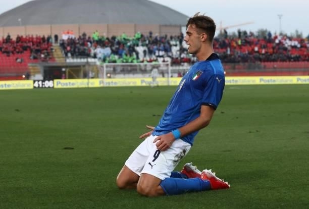 Lorenzo Lucca of Italy celebrates after scoring the opening goal during the 2022 UEFA European Under-21 Championship Qualifier match between Italy...