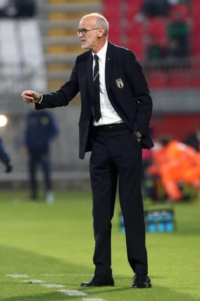 Italy coach Paolo Nicolato issues instructions to his players during the 2022 UEFA European Under-21 Championship Qualifier match between Italy and...