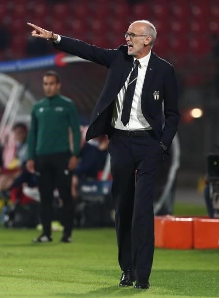 Italy coach Paolo Nicolato issues instructions to his players during the 2022 UEFA European Under-21 Championship Qualifier match between Italy and...