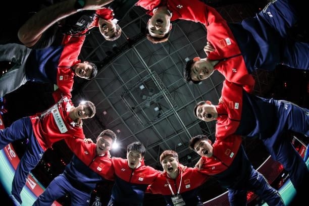 China Team build a circle to cheer before the match against Team Netherlands during day four of the Thomas & Uber Cup on October 12, 2021 in Aarhus,...