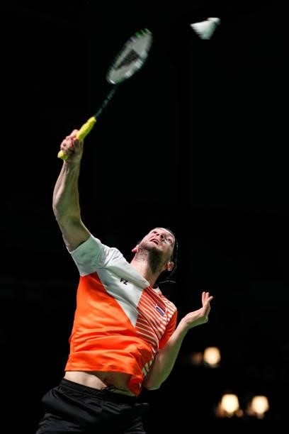 Joran Kweekel of Netherlands competes in the Men's Single match against Lu Guangzu of China during day four of the Thomas & Uber Cup on October 12,...