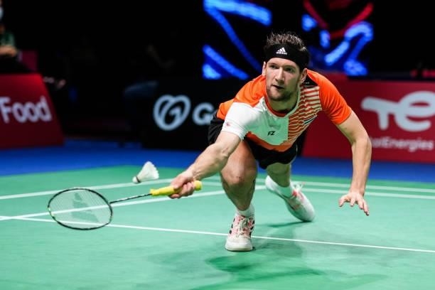 Joran Kweekel of Netherlands competes in the Men's Single match against Lu Guangzu of China during day four of the Thomas & Uber Cup on October 12,...