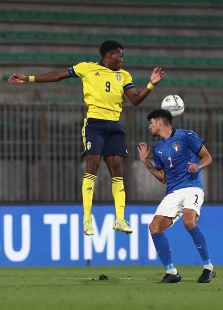 Raoul Bellanova of Italy competes for the ball with Anthony Elanga of Sweden during the 2022 UEFA European Under-21 Championship Qualifier match...
