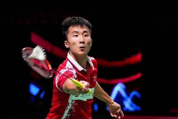 Lu Guangzu of China competes in the Men's Single match against Joran Kweekel of Netherlands during day four of the Thomas & Uber Cup on October 12,...