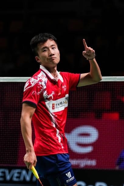Lu Guangzu of China celebrates the victory in the Men's Single match against Joran Kweekel of Netherlands during day four of the Thomas & Uber Cup on...