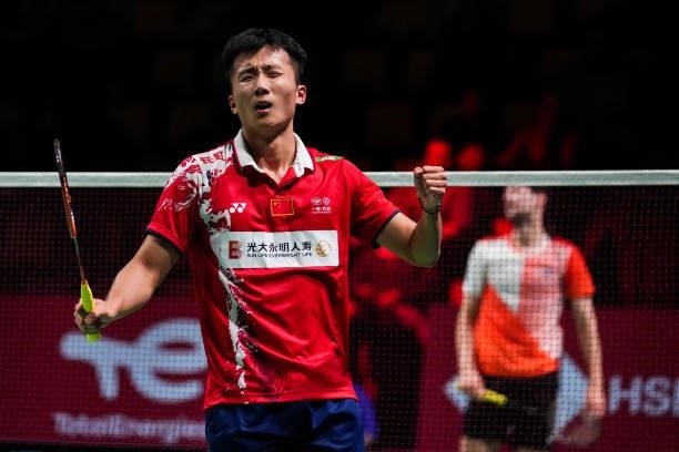 Lu Guangzu of China celebrates the victory in the Men's Single match against Joran Kweekel of Netherlands during day four of the Thomas & Uber Cup on...