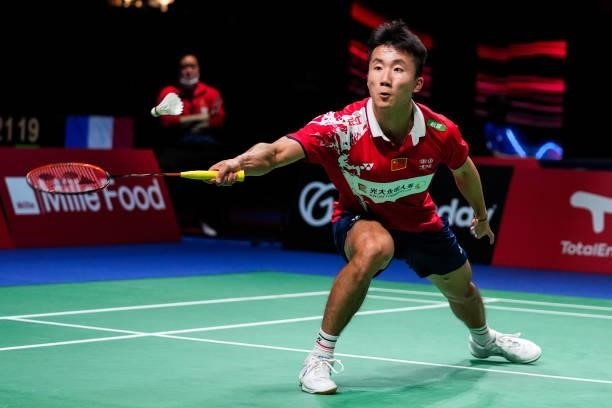 Lu Guangzu of China competes in the Men's Single match against Joran Kweekel of Netherlands during day four of the Thomas & Uber Cup on October 12,...