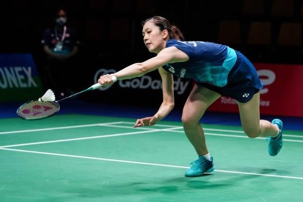 Aya Ohori of Japan competes in the Women's Single match against Ester Nurumi Tri Wardoyo of Indonesia during day four of the Thomas & Uber Cup on...