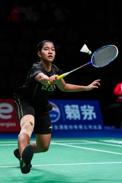 Ester Nurumi Tri Wardoyo of Indonesia competes in the Women's Single match against Aya Ohori of Japan during day four of the Thomas & Uber Cup on...