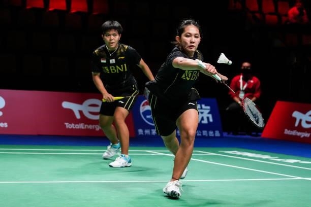 Siti Fadia Silva Ramadhanti and Ribka Sugiarto of Indonesia compete in the Women's Double match against Mayu Matsumoto and Nami Matsuyama of Japan...