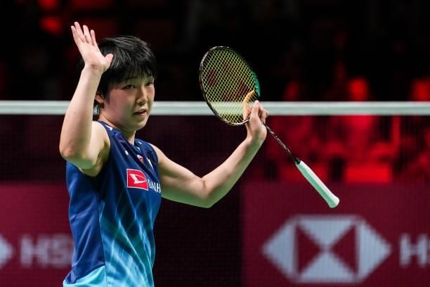 Akane Yamaguchi of Japan celebrates the victory in the Women's Single match against Gregoria Mariska Tunjung of Indonesia during day four of the...
