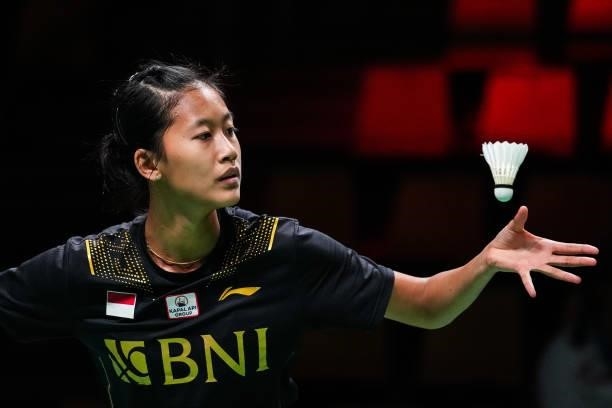 Putri Kusuma Wardani of Indonesia competes in the Women's Single match against Sayaka Takahashi of Japan during day four of the Thomas & Uber Cup on...