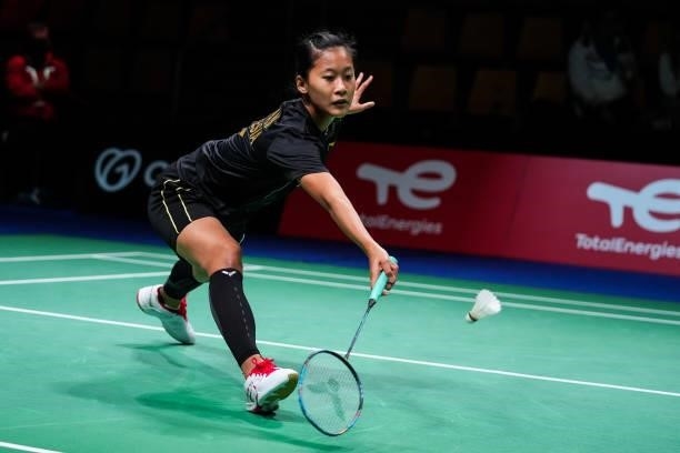 Putri Kusuma Wardani of Indonesia competes in the Women's Single match against Sayaka Takahashi of Japan during day four of the Thomas & Uber Cup on...