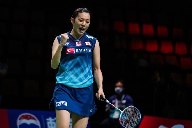 Sayaka Takahashi of Japan reacts in the Women's Single match against Putri Kusuma Wardani of Indonesia during day four of the Thomas & Uber Cup on...