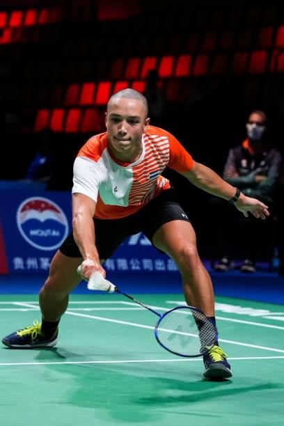 Robin Mesman of Netherlands competes in the Men's Single match against Li Shifeng of China during day four of the Thomas & Uber Cup on October 12,...