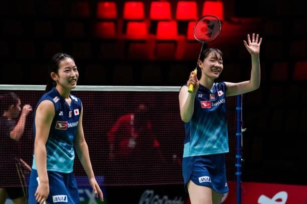 Mayu Matsumoto and Nami Matsuyama of Japan celebrate the victory in the Women's Double match against Siti Fadia Silva Ramadhanti and Ribka Sugiarto...