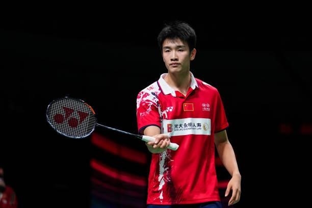 Li Shifeng of China reacts in the Men's Single match against Robin Mesman of Netherlands during day four of the Thomas & Uber Cup on October 12, 2021...
