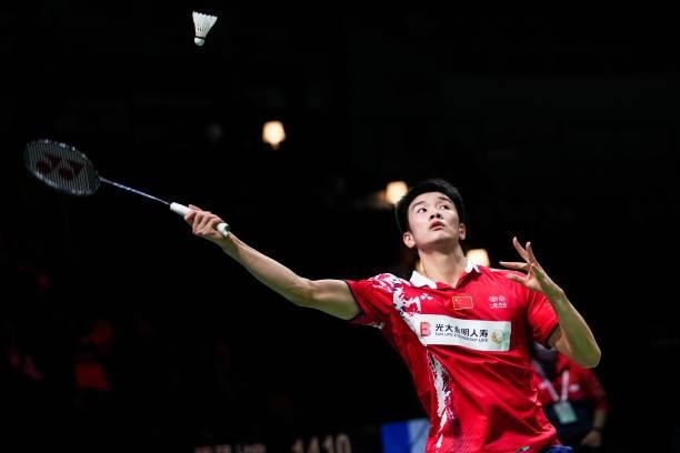 Li Shifeng of China competes in the Men's Single match against Robin Mesman of Netherlands during day four of the Thomas & Uber Cup on October 12,...