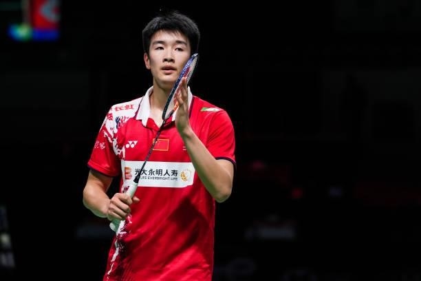 Li Shifeng of China celebrates the victory in the Men's Single match against Robin Mesman of Netherlands during day four of the Thomas & Uber Cup on...