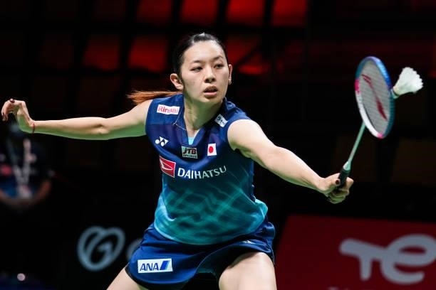 Sayaka Takahashi of Japan competes in the Women's Single match against Putri Kusuma Wardani of Indonesia during day four of the Thomas & Uber Cup on...