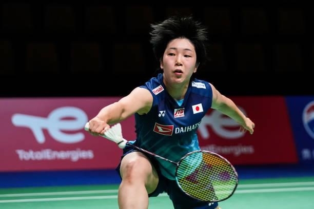 Akane Yamaguchi of Japan competes in the Women's Single match against Gregoria Mariska Tunjung of Indonesia during day four of the Thomas & Uber Cup...