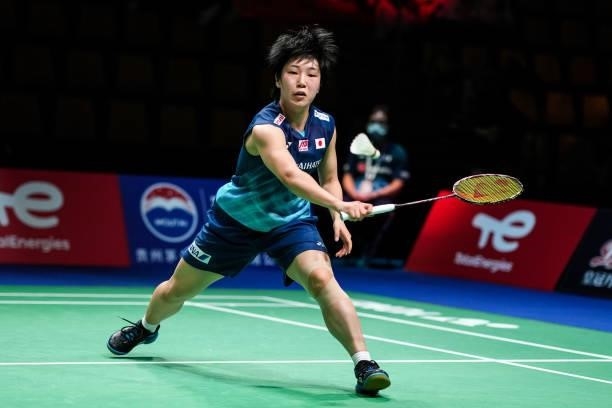 Akane Yamaguchi of Japan competes in the Women's Single match against Gregoria Mariska Tunjung of Indonesia during day four of the Thomas & Uber Cup...