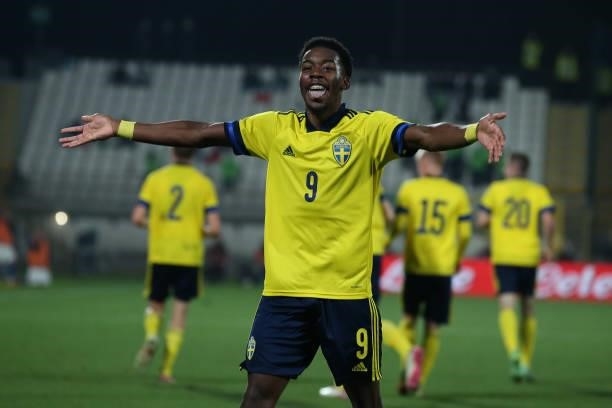 Anthony Elanga of Sweden reacts to jeers from supporters after team-mate Tim Prica scored a last minute equalizer during the 2022 UEFA European...