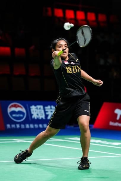 Gregoria Mariska Tunjung of Indonesia competes in the Women's Single match against Akane Yamaguchi of Japan during day four of the Thomas & Uber Cup...
