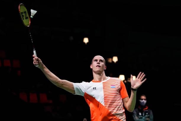 Gijs Duijs of Netherlands competes in the Men's Single match against Weng Hongyang of China during day four of the Thomas & Uber Cup on October 12,...