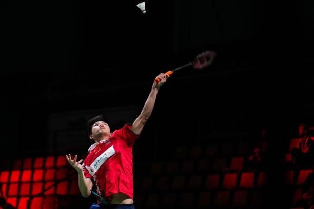 Weng Hongyang of China competes in the Men's Single match against Gijs Duijs of Netherlands during day four of the Thomas & Uber Cup on October 12,...
