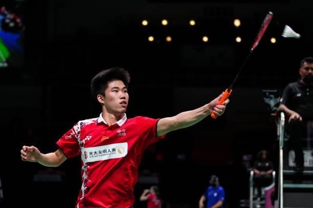 Weng Hongyang of China competes in the Men's Single match against Gijs Duijs of Netherlands during day four of the Thomas & Uber Cup on October 12,...