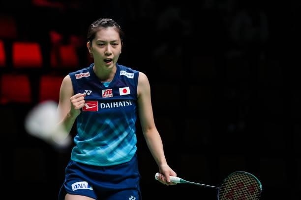 Aya Ohori of Japan reacts in the Women's Single match against Ester Nurumi Tri Wardoyo of Indonesia during day four of the Thomas & Uber Cup on...