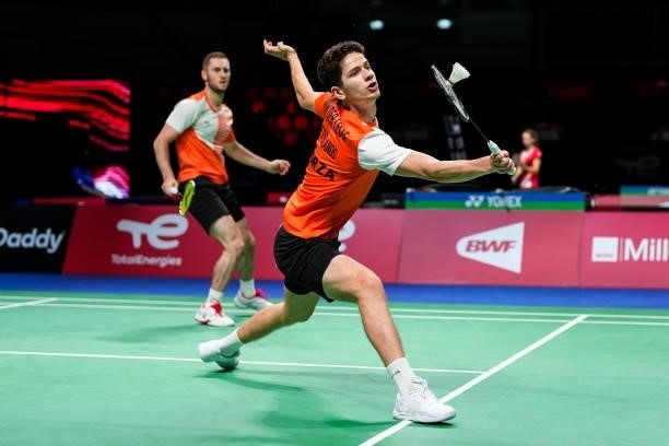 Ruben Jille and Ties Van Der Lecq of Netherlands compete in the Men's Double match against He Jiting and Zhou Haodong of China during day four of the...