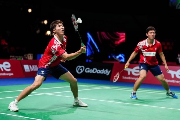 He Jiting and Zhou Haodong of China compete in the Men's Double match against Ruben Jille and Ties Van Der Lecq of Netherlands during day four of the...