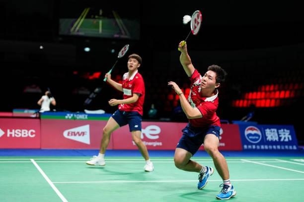 He Jiting and Zhou Haodong of China compete in the Men's Double match against Ruben Jille and Ties Van Der Lecq of Netherlands during day four of the...