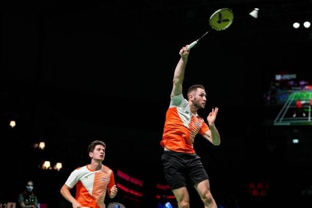 Ruben Jille and Ties Van Der Lecq of Netherlands compete in the Men's Double match against He Jiting and Zhou Haodong of China during day four of the...