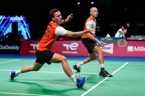 Andy Buijk and Brian Wassink of Netherlands compete in the Men's Double match against Liu Cheng and Wang Yilyu of China during day four of the Thomas...